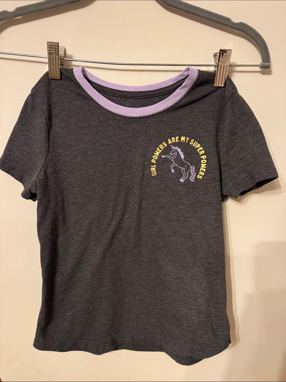 Old Navy Charcoal Tee with Lavender Trim and Yellow Graphic